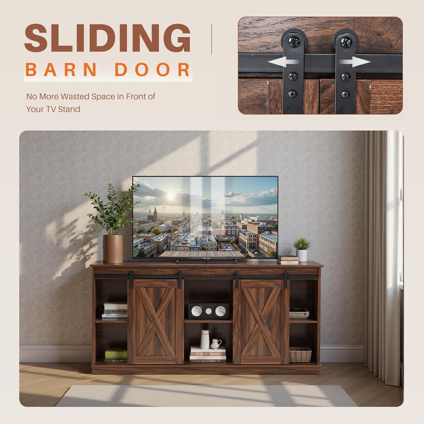 Farmhouse TV Stand 65 Inch for Living Room Bedroom Brown, Tall Entertainment Center with Storage Shelves, Media Console Cabinet with Wood Board, 300 LBS Capacity and Sliding Barn Door