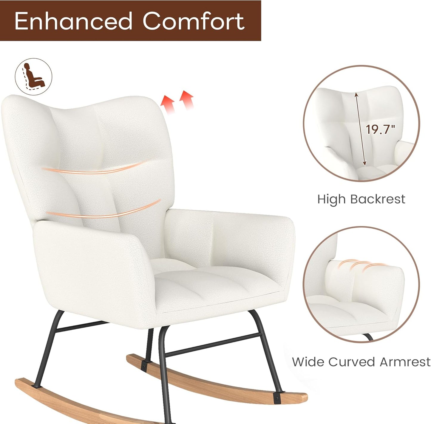 Nursery Rocking Chair, Rocking Chairs for Nursery, Baby Rocker Chair, Glider Rocker, Anti-Tip Safety Design, 440 Lb Weight Capacity, Cotton Fabric Cover, White