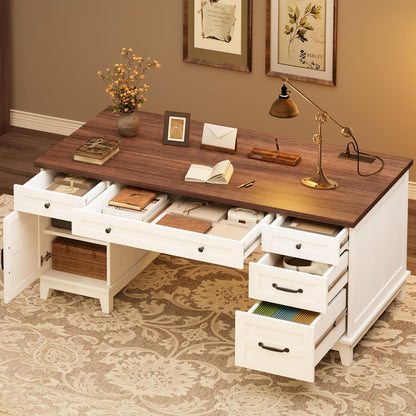 Executive Desk with File Drawers, Farmhouse Home Office Desk with Charging Station, 60 in Wooden Computer Desk with Cabinet Storage for Work Study Writing, White Walunt