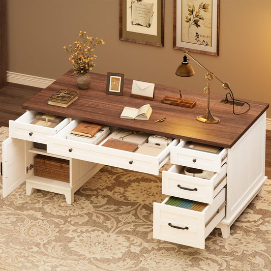 Executive Desk with File Drawers, Farmhouse Home Office Desk with Charging Station, 60 in Wooden Computer Desk with Cabinet Storage for Work Study Writing, White Walunt