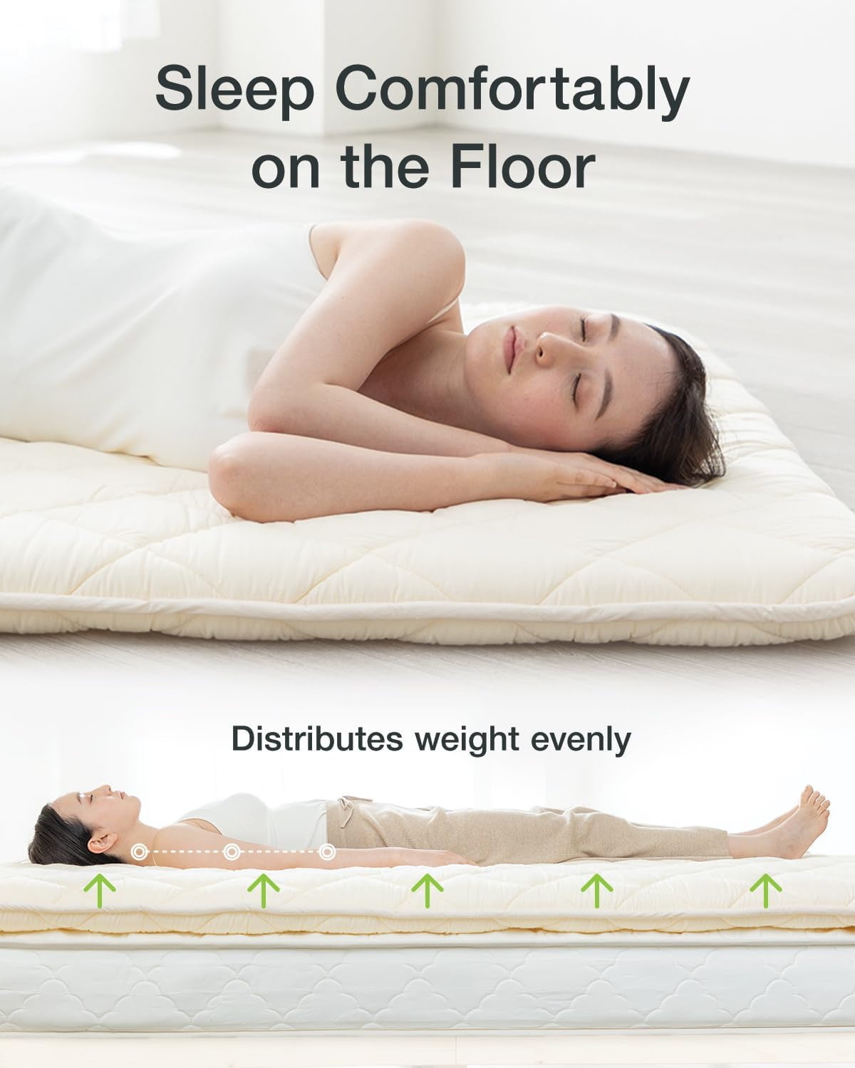 Japanese Futon, Twin Size, White - Foldable Shikibuton Floor Bed - Medium Firm Quilted Cotton Sleeping Pad, Portable Roll-Up Japanese Floor Bed for Guests & Small Spaces