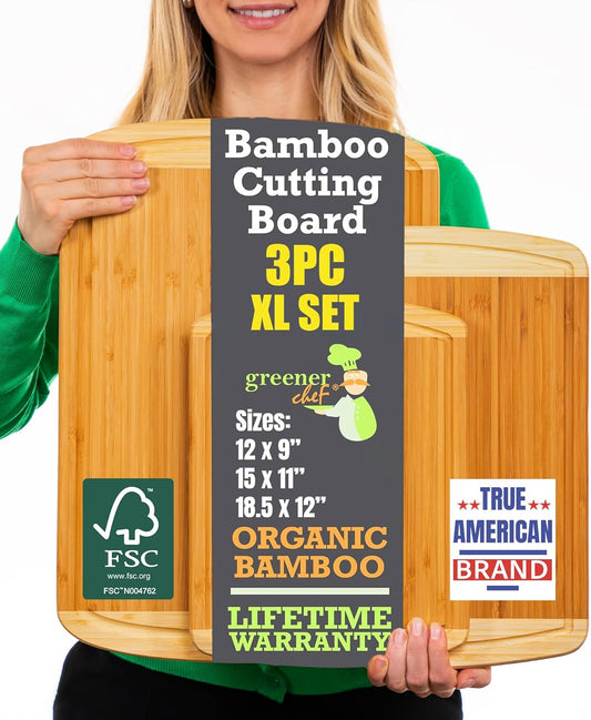 Extra Large Bamboo Cutting Board Set – Wood Cutting Boards for Kitchen, Non Toxic Cutting Board Set for Chopping, Slicing, Carving, Charcuterie – Ideal for Home Cooks, Entertaining, Family Meals
