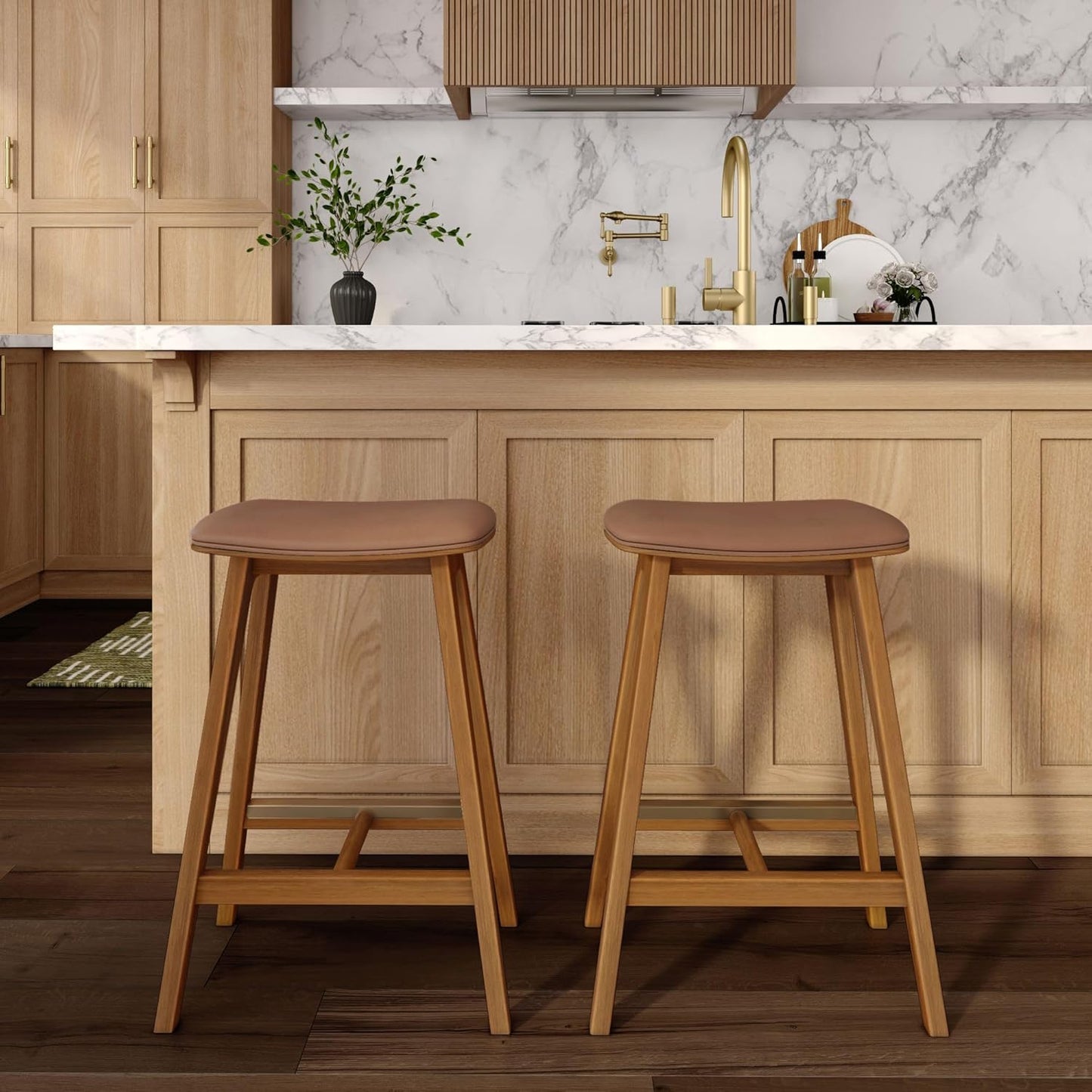 Beryl Counter Height Stool - Mid-Century Modern Rubberwood Bar Stool with Faux Leather Seat, Metal Footrest, Easy Assembly, 2-Pack, Pecan/Toffee