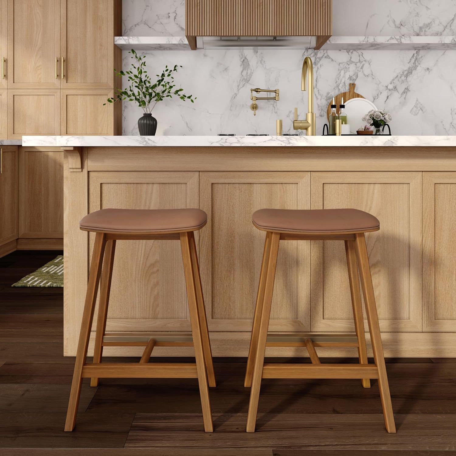 Beryl Counter Height Stool - Mid-Century Modern Rubberwood Bar Stool with Faux Leather Seat, Metal Footrest, Easy Assembly, 2-Pack, Pecan/Toffee