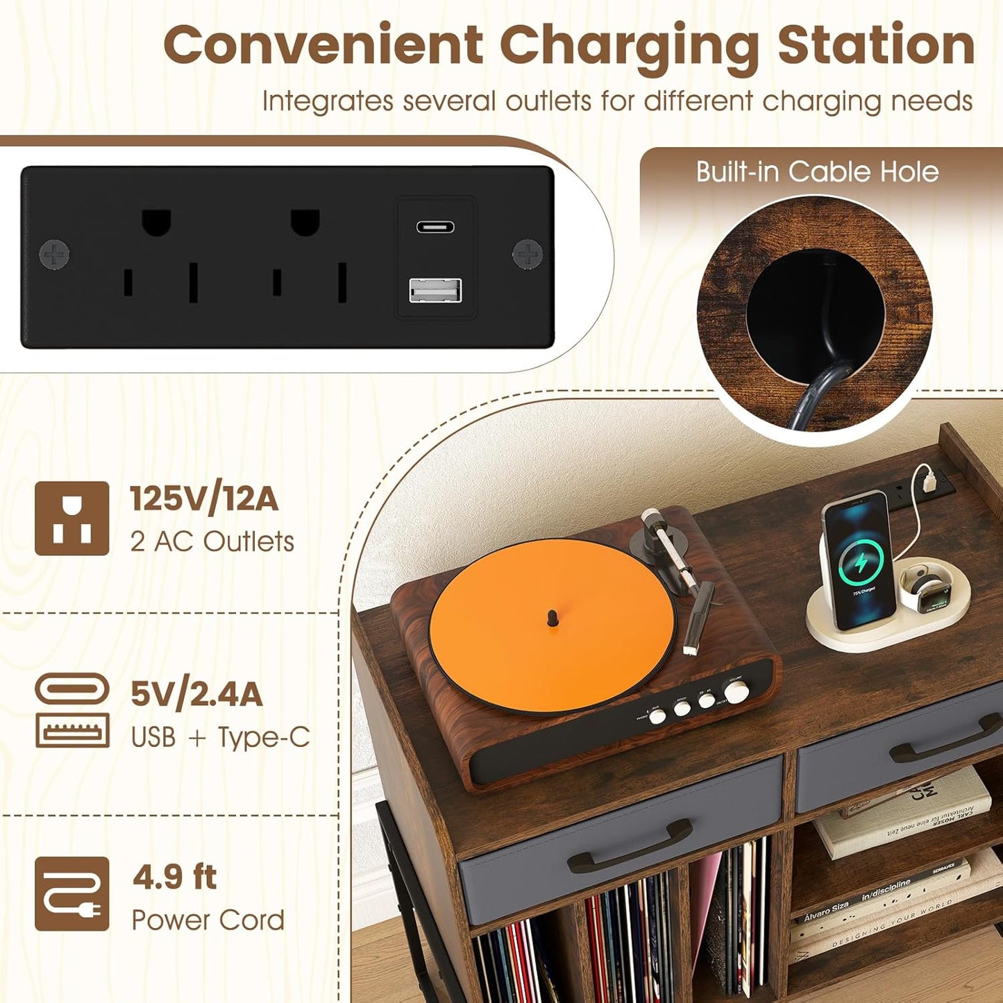 Large Record Player Stand with Charging Station, Modern Turntable Stand W/2 Fabric Drawers & Adjustable Shelf, Record Player Table, Vinyl Record Storage for Living Room (Rustic Brown)