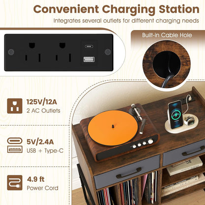 Large Record Player Stand with Charging Station, Modern Turntable Stand W/2 Fabric Drawers & Adjustable Shelf, Record Player Table, Vinyl Record Storage for Living Room (Rustic Brown)