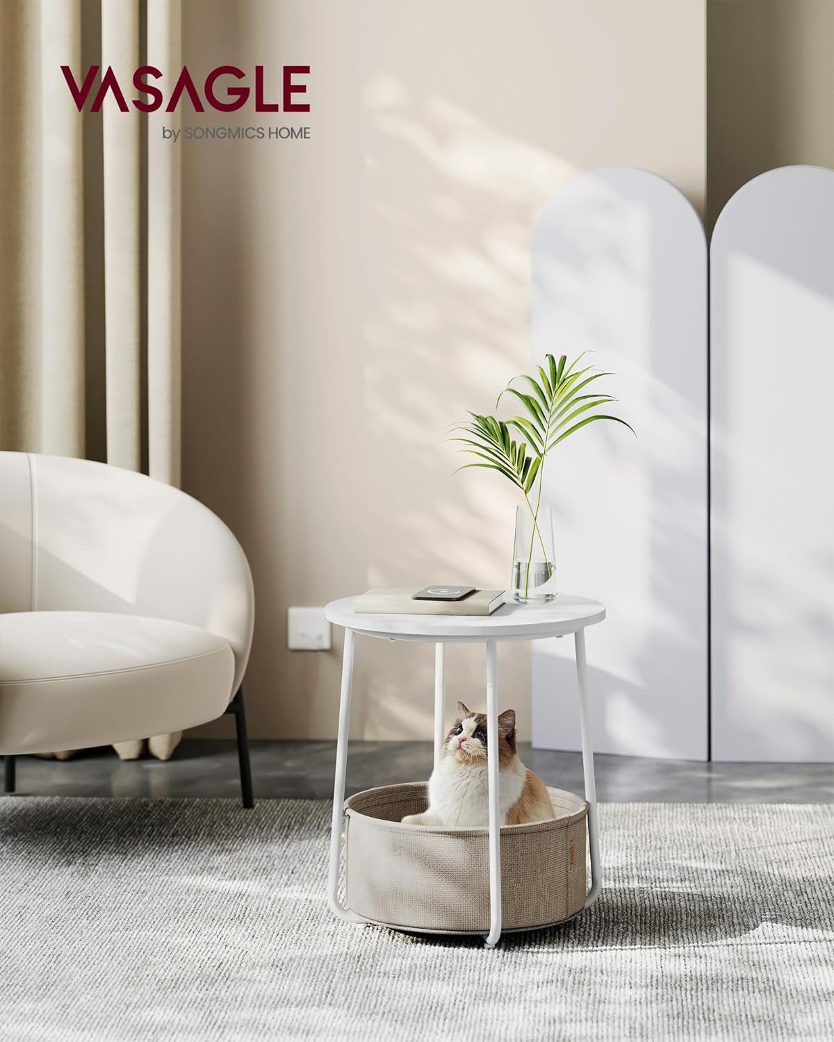 Small round Side End Table, Modern Nightstand with Fabric Basket, Cream White ULET223K67