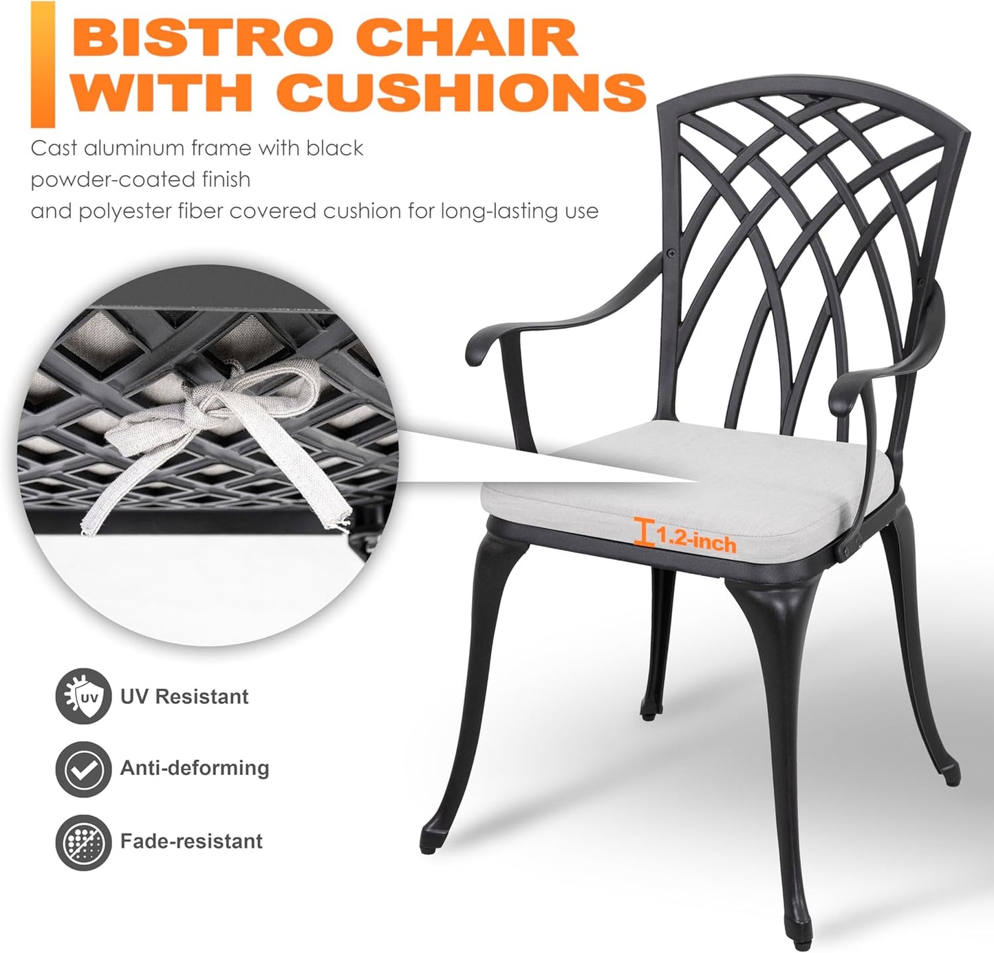 Bistro Set 3 Piece Outdoor Cast Aluminum Patio Bistro Set Patio Table and Chairs Set of 2 with Umbrella Hole and Gray Cushions, Black