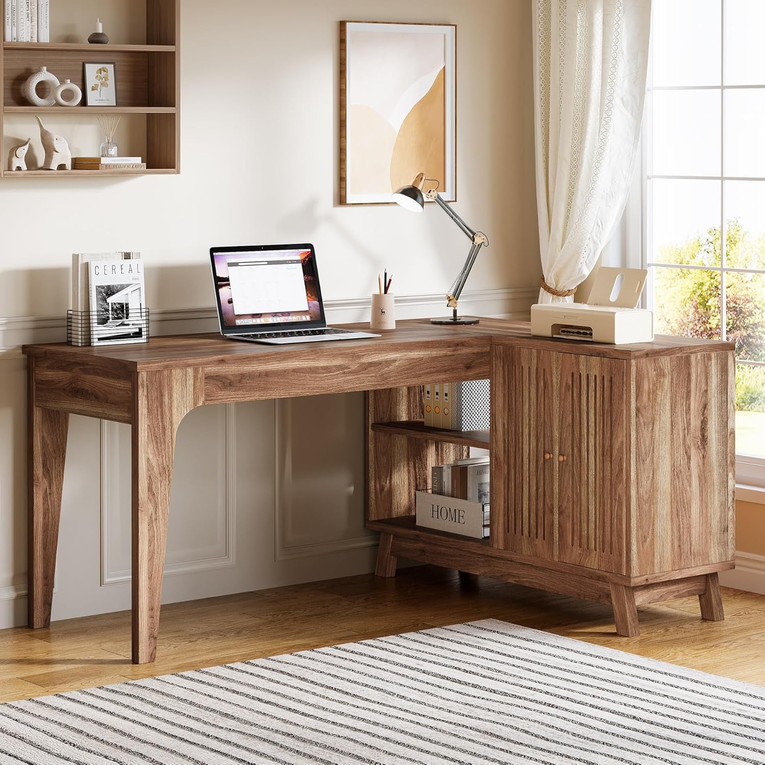 L-Shaped Desk with Storage Cabinet, 57-Inch Wood Corner Workstation, Home Office Computer Desk, Study Writing Table for Bedroom, Walnut
