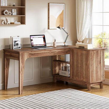 L-Shaped Desk with Storage Cabinet, 57-Inch Wood Corner Workstation, Home Office Computer Desk, Study Writing Table for Bedroom, Walnut