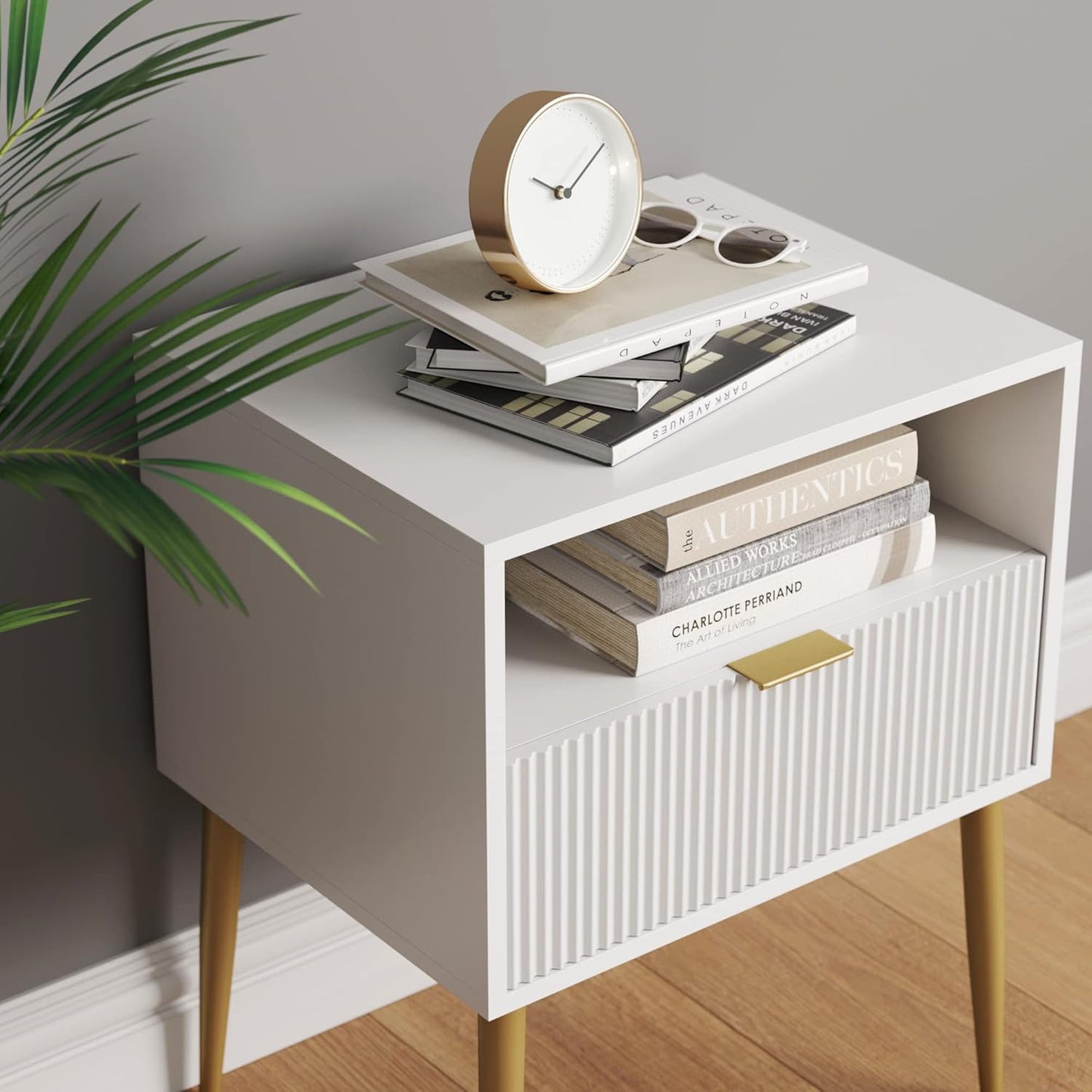 Jacklyn White Nightstand, Gold Accent Bedside Table with Storage Drawer, Open Shelf and Mid-Century Golden Legs, White/Gold, Set of 2