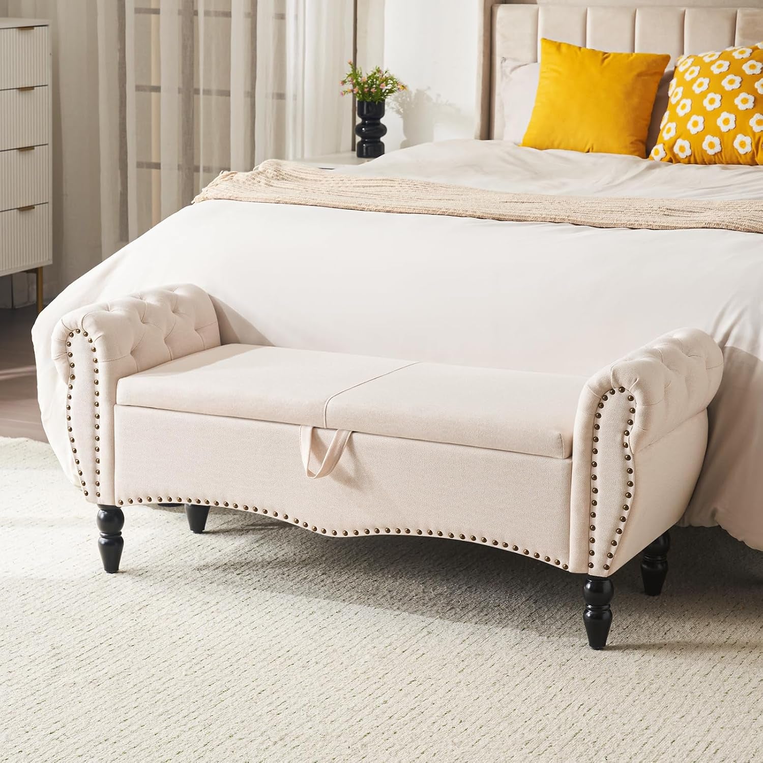 Storage Ottoman Bench for Bedroom, Upholstered End of Bed Bench with Solid Wood Legs Modern Shoe Storage Bench Indoor Bench for Living Room Entryway Bench Furniture,Beige, Linen