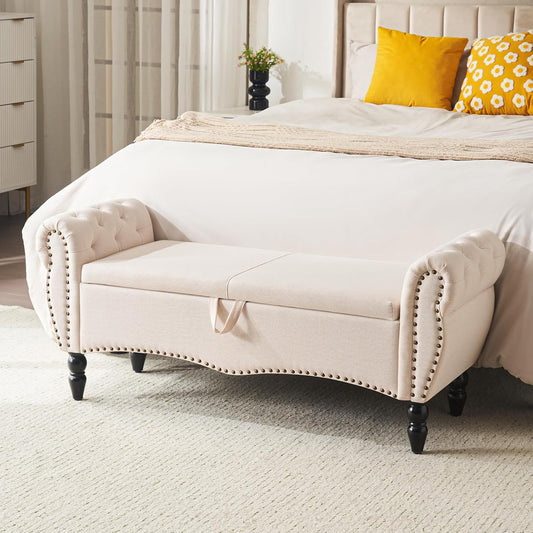 Storage Ottoman Bench for Bedroom, Upholstered End of Bed Bench with Solid Wood Legs Modern Shoe Storage Bench Indoor Bench for Living Room Entryway Bench Furniture,Beige, Linen