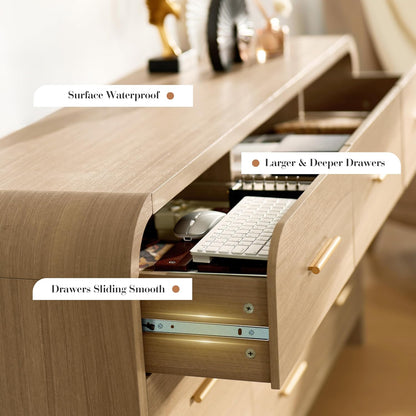 Curved 9-Drawer Dresser for Bedroom, 63" Wide Modern Chest of Drawers, Vanity Desk TV Stand for Living Room, Closet Storage Drawers Organizer Furniture, Nursery, Hallway, Oak