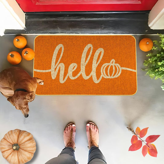 Hello Pumpkin Door Mat, Hello Fall Welcome Mat Thanksgiving Orange Outdoor Mats Autumn Decor Floor Mat for Home Entryway Patio Yard Kitchen Bathroom, 17X29 Inch Non-Slip Doormat