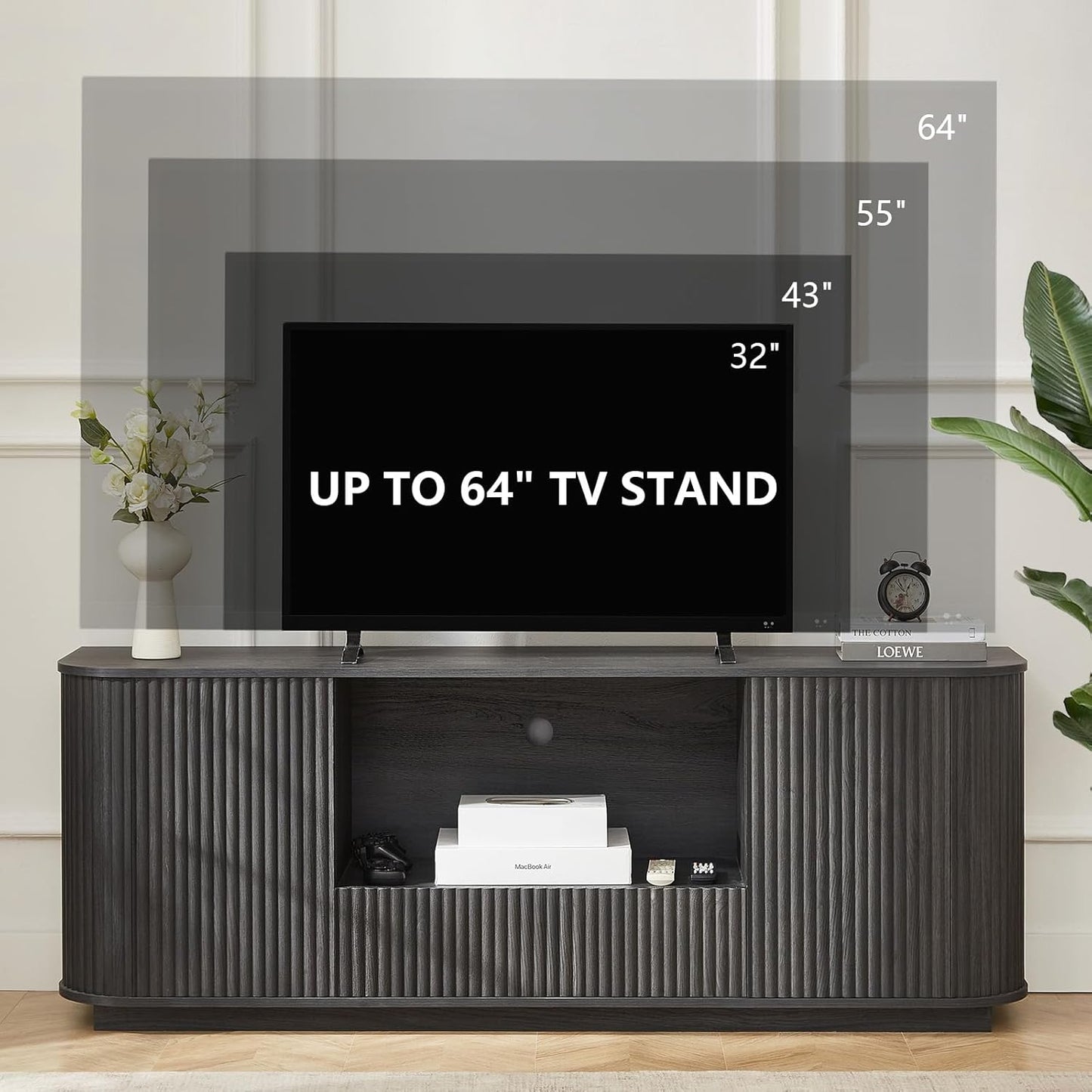 64" Fluted TV Stand for Tvs up to 75 Inch, Entertainment Center with Storage Cabinet and Drawer, Wood TV Console Television Furniture with Adjustable Shelf, Media Console for Living Room, Bedroom