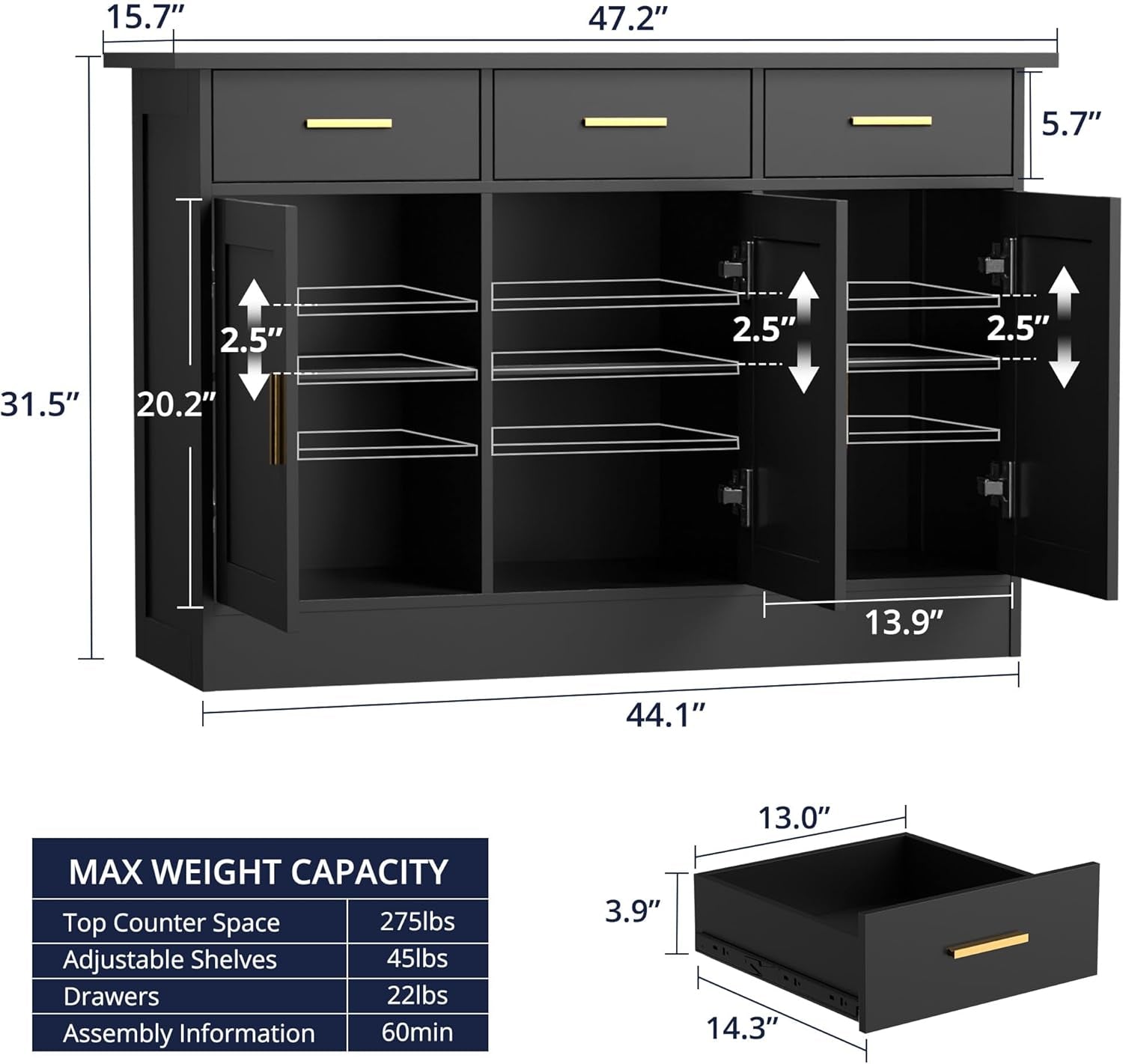 Buffet Cabinet with Storage - Buffets & Sideboards Kitchen Storage Cabinet, Wood Console Table Coffee Bar Accent Cabinets for Living Room Dining Room Entryway Large 3 Doors & Drawers, Black