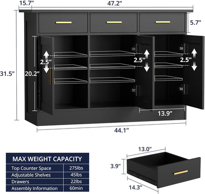 Buffet Cabinet with Storage - Buffets & Sideboards Kitchen Storage Cabinet, Wood Console Table Coffee Bar Accent Cabinets for Living Room Dining Room Entryway Large 3 Doors & Drawers, Black