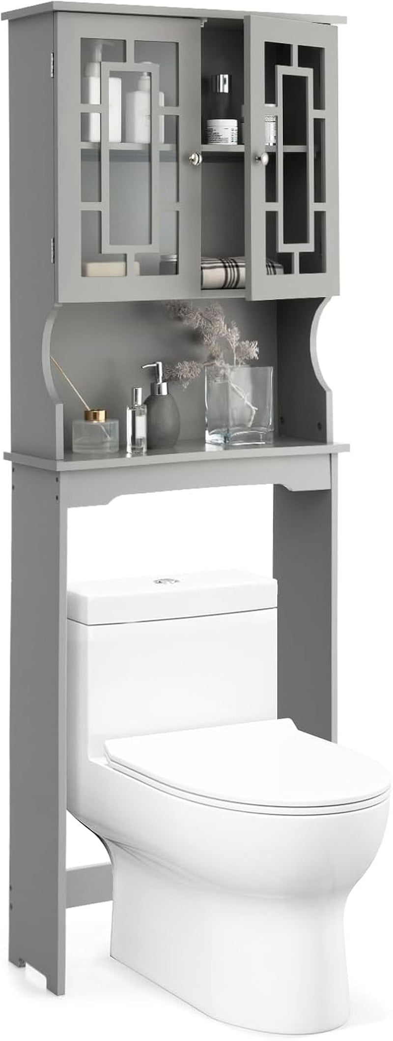 over the Toilet Storage Cabinet, Bathroom Shelf over Toilet, Double Door Bathroom Storage Cabinet Organizer with Adjustable Shelf, Open Shelf (Grey)
