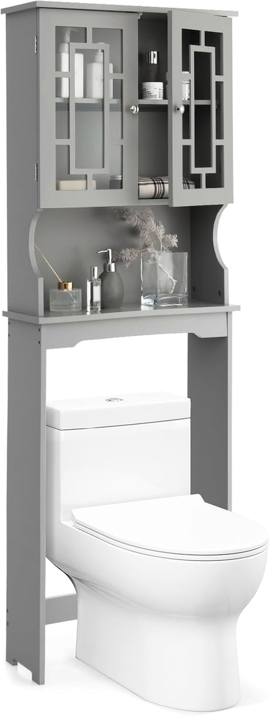 over the Toilet Storage Cabinet, Bathroom Shelf over Toilet, Double Door Bathroom Storage Cabinet Organizer with Adjustable Shelf, Open Shelf (Grey)