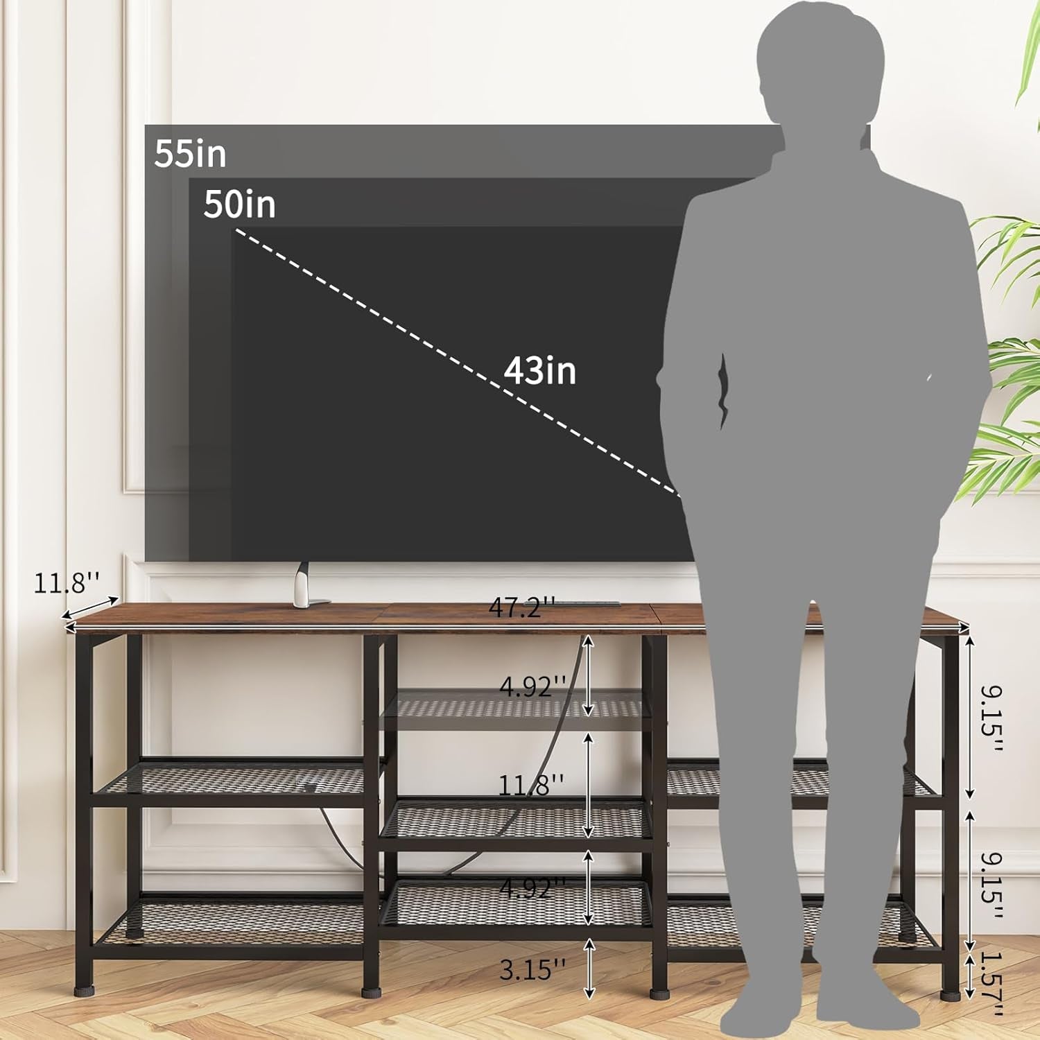 TV Stand for 55 Inch Tvs, Entertainment Center with Movable Shelf Panels, Power Outlet and LED Lights Open Storage Shelves, TV Media Console Table for Living Room and Bedroom, Rustic Brown