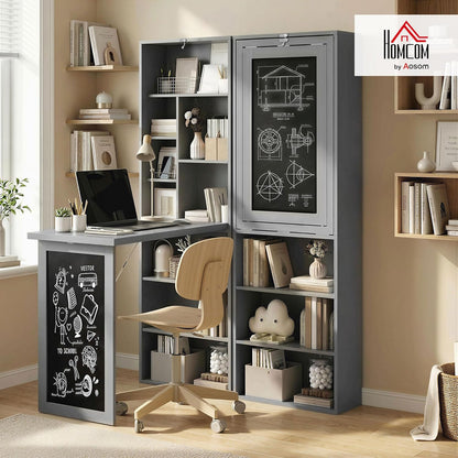 Fold-Out Convertible Writing Table, Computer Desk with Blackboard and Side Shelf Multi-Function Home Office Workstation, Charcoal Gray
