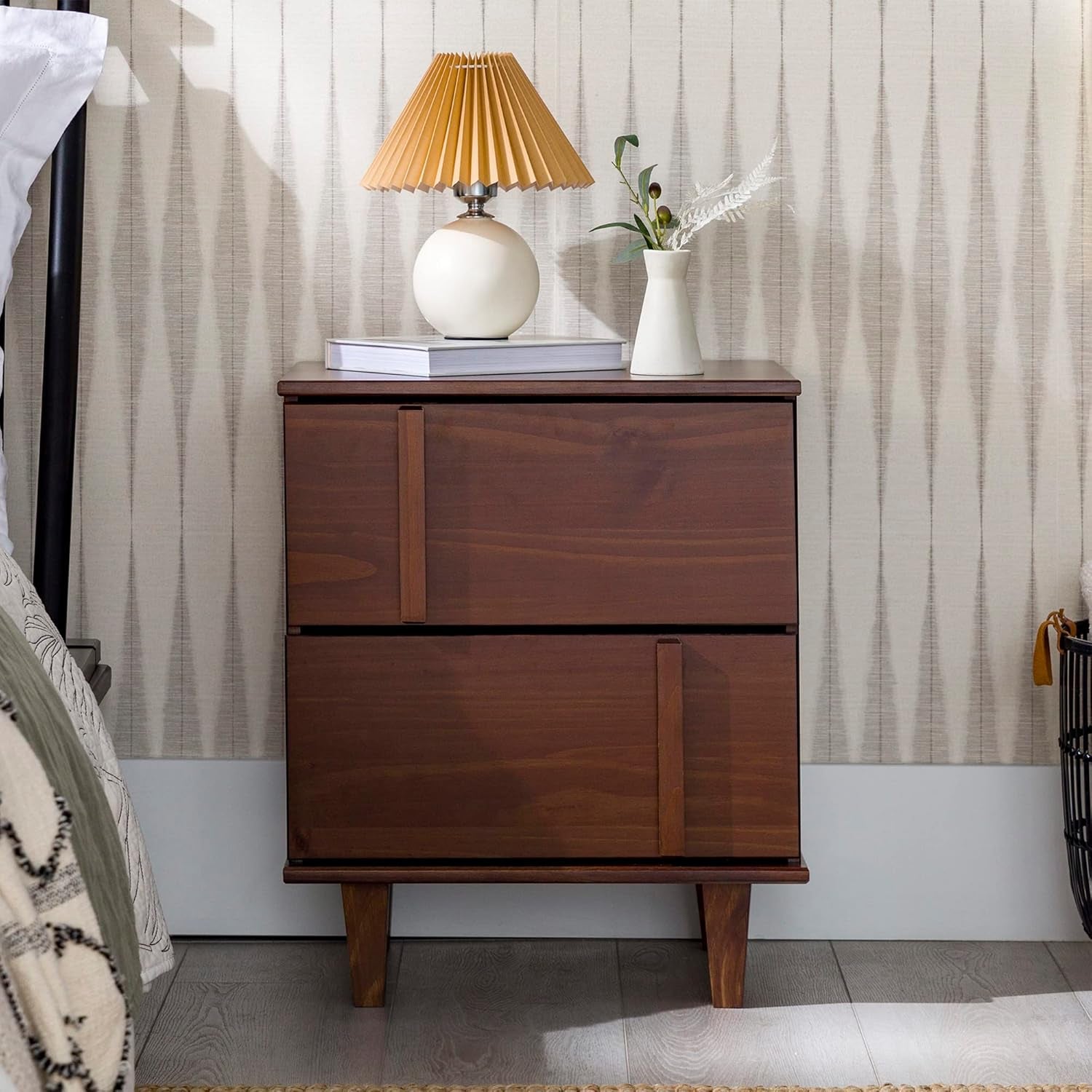 Sprague Contemporary Detailed Drawer Solid Wood Nightstand, 20 Inch, Walnut