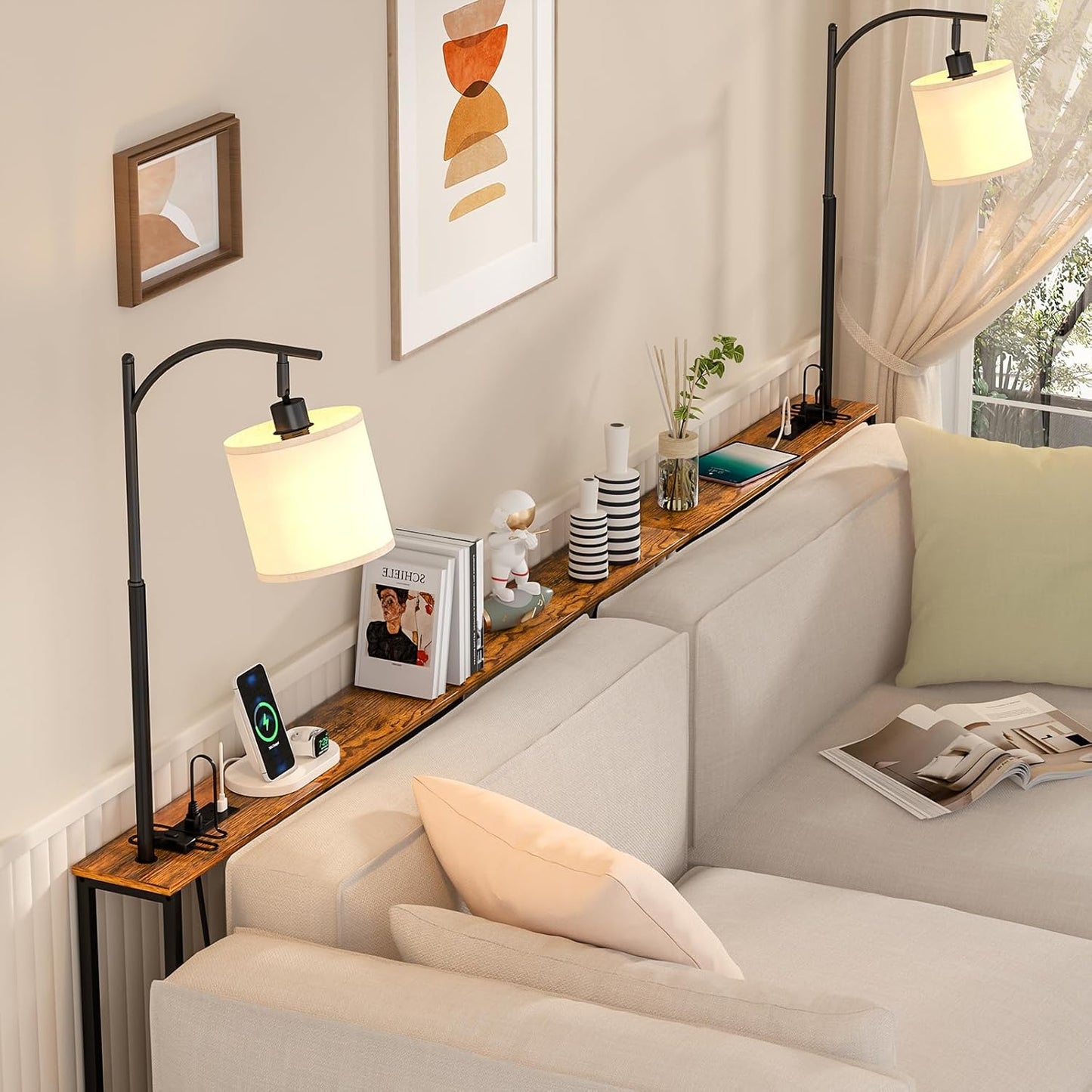 Skinny Console Table with Outlet, Narrow Sofa Table with 3-Color Light, behind Couch Table with 3 Color Temperatures Led Bulb for Living Room, Bedroom, Entryway, Hallway