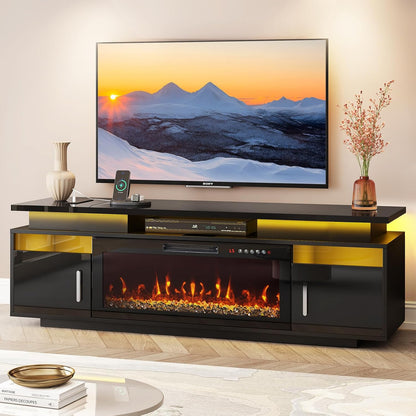 TV Stand with Fireplace, 67In Entertainment Center with Opening Shelves Modern Storage Cabinets and LED Lights, for 80 Inch Tvs, for Living Room, Black