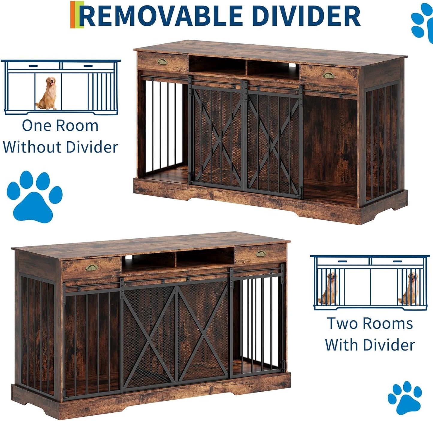 63" Large Dog Crate Furniture, Heavy Duty Indoor Dog Kennel with Removable Divider, Sliding Doors, 2 Drawers and Open Shelves, Decorative TV Stand, Rustic Brown
