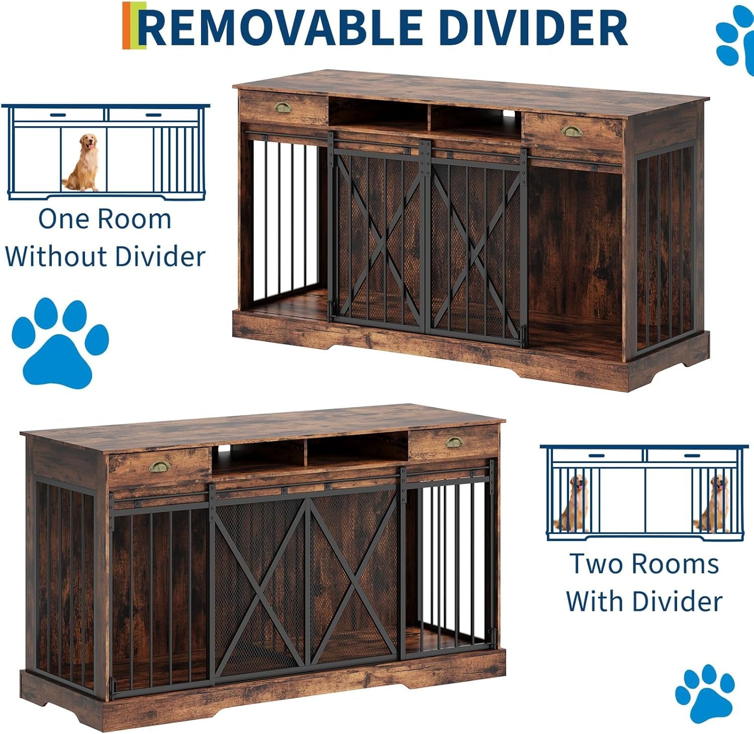 63" Large Dog Crate Furniture, Heavy Duty Indoor Dog Kennel with Removable Divider, Sliding Doors, 2 Drawers and Open Shelves, Decorative TV Stand, Rustic Brown