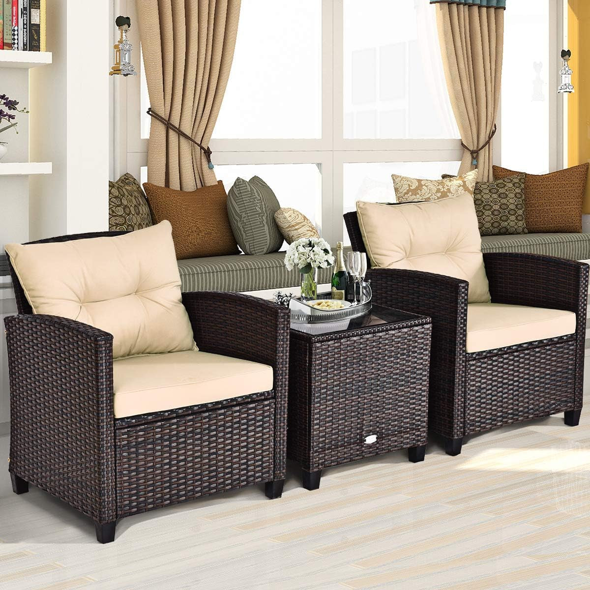 3 Pieces Patio Furniture Set, PE Rattan Wicker 3 Pcs Outdoor Sofa Set W/Washable Cushion and Tempered Glass Tabletop, Conversation Furniture for Garden Poolside Balcony (Beige)