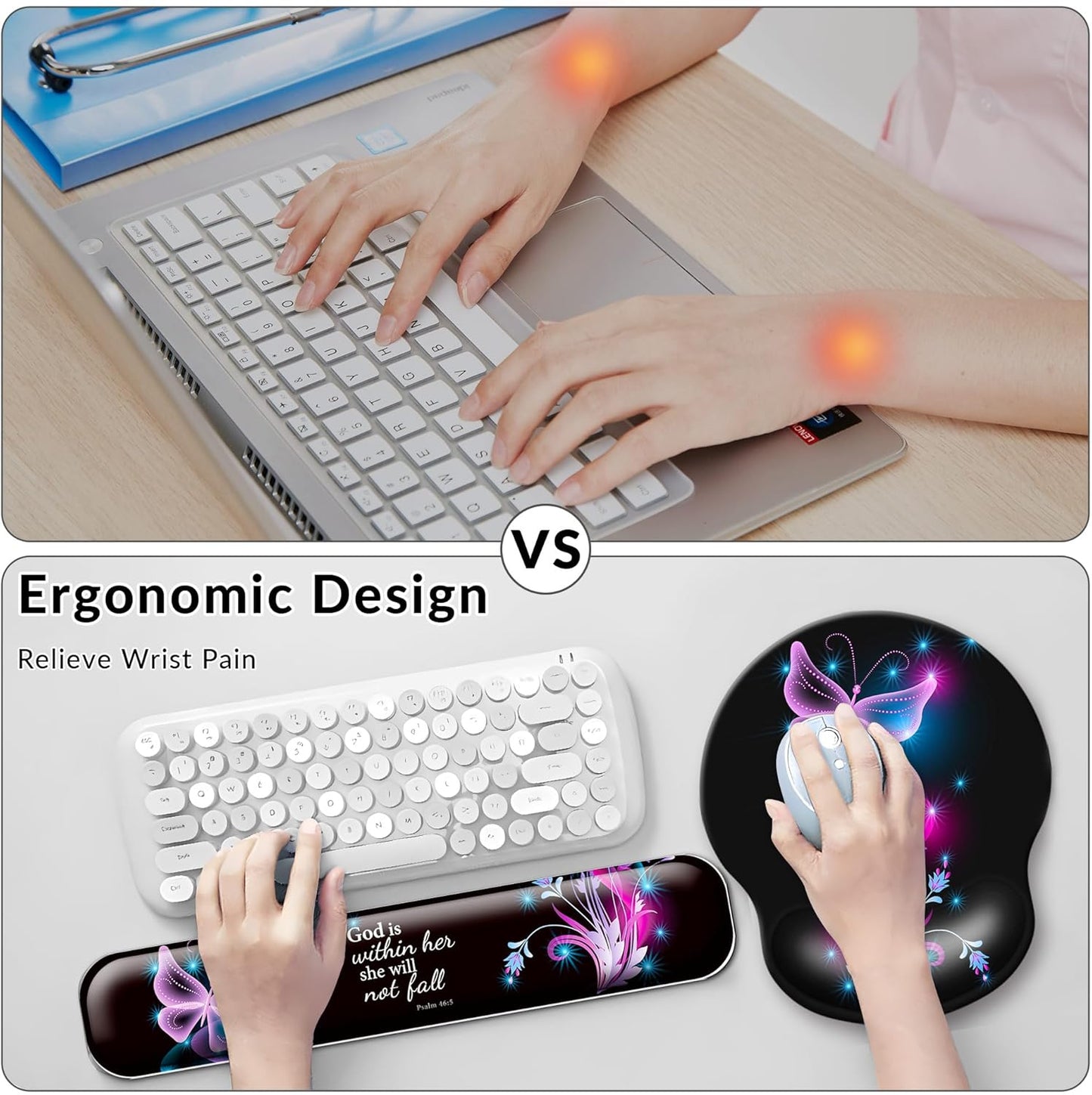Desk Mat Set + Keyboard and Mouse Pad with Wrist Rest Support,4-In-1 Large Mousepad Computer Mats for Desktop Home & Office-Purple Butterflies