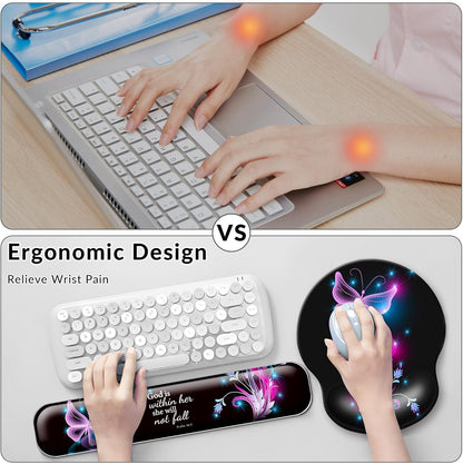 Desk Mat Set + Keyboard and Mouse Pad with Wrist Rest Support,4-In-1 Large Mousepad Computer Mats for Desktop Home & Office-Purple Butterflies