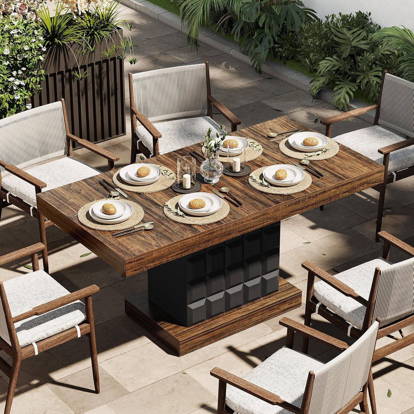63" Modern Dining Table, Rectangular Dinner Table for 4-6, Farmhouse Kitchen Table, Sturdy Wood Pedestal Base for Kitchen/Dining Room, Rustic Brown & Black
