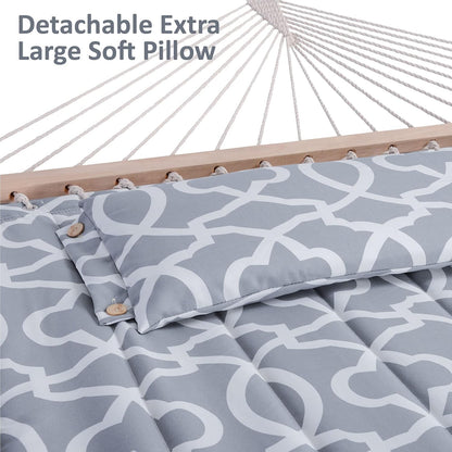 55 Inch Extra Large Double Hammock with Stand, 475Lbs Capacity, Outdoor Portable Hammock with Hardwood Spreader Bar, Extra Large Pillow, Grey