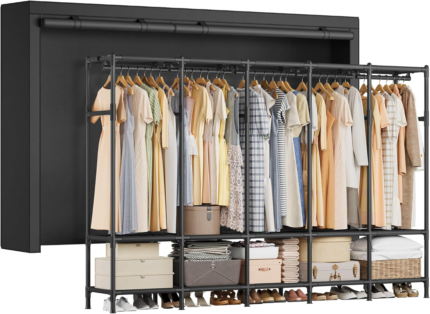 Wardrobe Closet, 83.5 Inch Large Capacity Portable Closet, Clothing Rack, 25 Mm Dia,Thick Steel Tubes, Clothes Organizer with Fabric Cover, 5 Hanging Rails, 10 Shelves, Ink Black URDR095B01