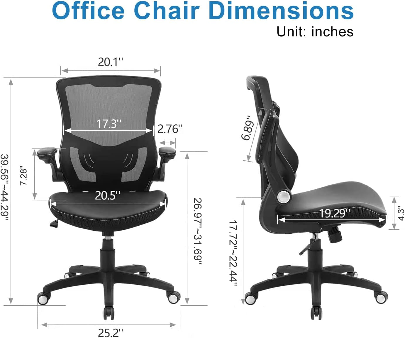 Office Chair Ergonomic Desk Chair, Computer PU Leather Home Office Chair, Swivel Mesh Back Adjustable Lumbar Support Flip-Up Arms Executive Task Chair