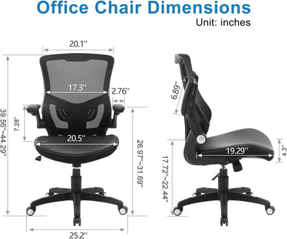 Office Chair Ergonomic Desk Chair, Computer PU Leather Home Office Chair, Swivel Mesh Back Adjustable Lumbar Support Flip-Up Arms Executive Task Chair