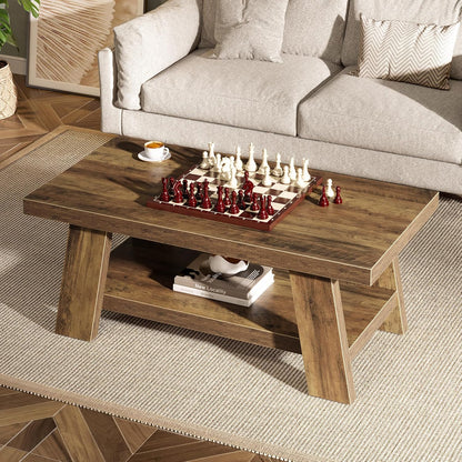 Farmhouse Coffee Table, 47.24" Rectangle Rustic Coffee Tables for Living Room, Long Wooden Center Tables with Storage Shelves for Apartment, Home Office (Brown)