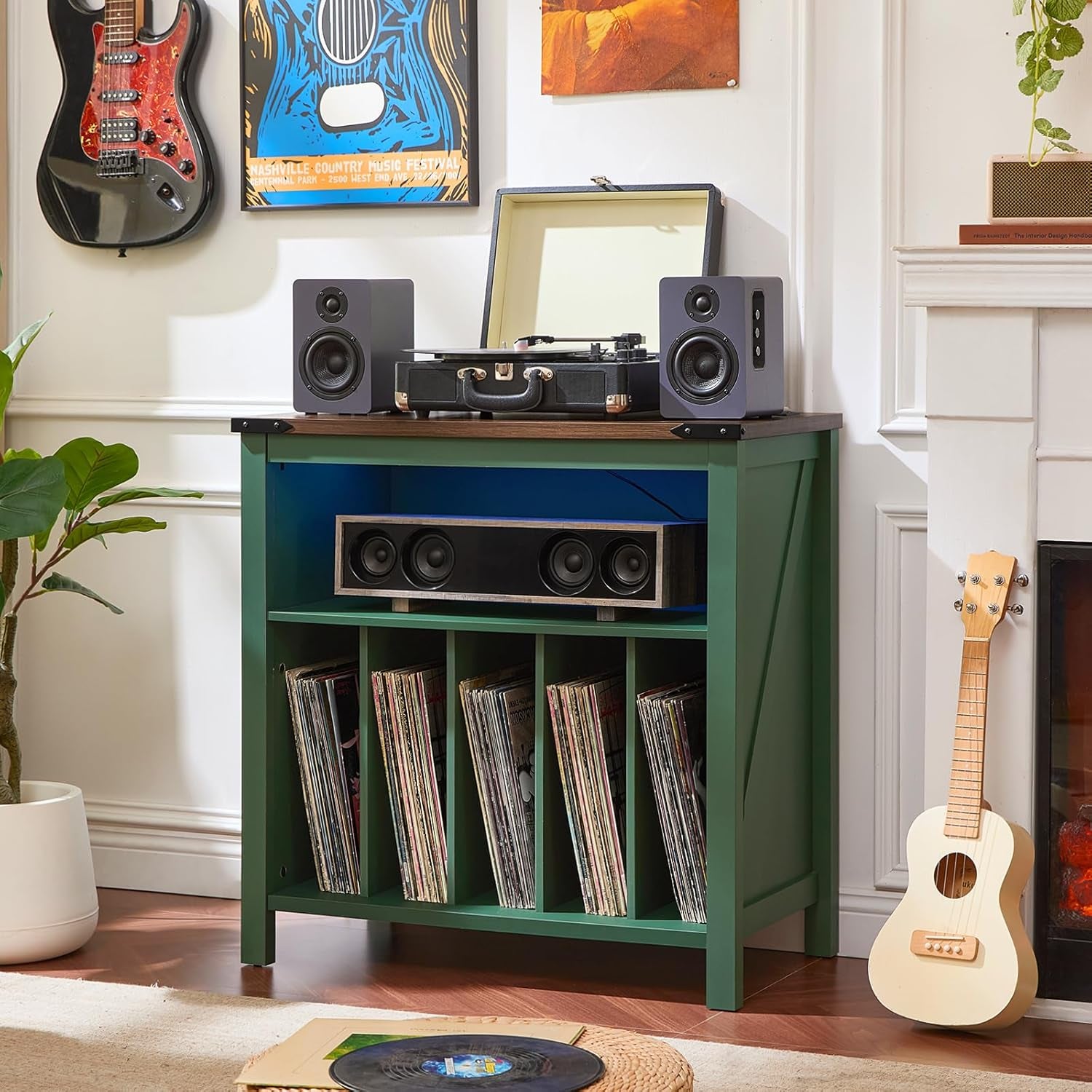 Large Record Player Stand with Charging Station & LED Lights, Black Vinyl Record Storage Holder Holds up to 230 Albums, Turntable Stand with Display Shelf for Music Room Bedroom Living Room.