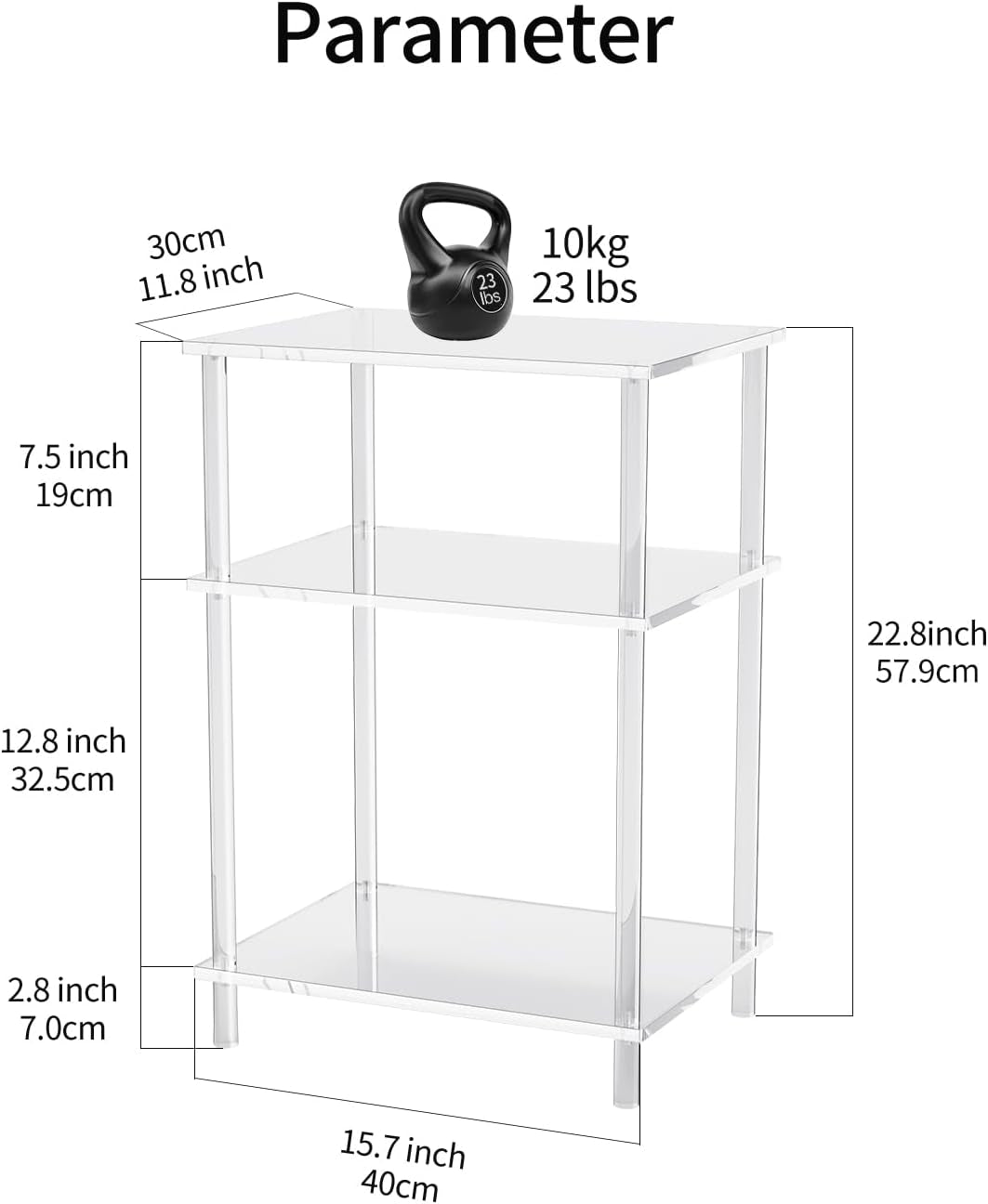 Acrylic Side Table Clear 3-Tier End Table for Living Room, Office, Hallway, Bedroom Small Bedside Table
