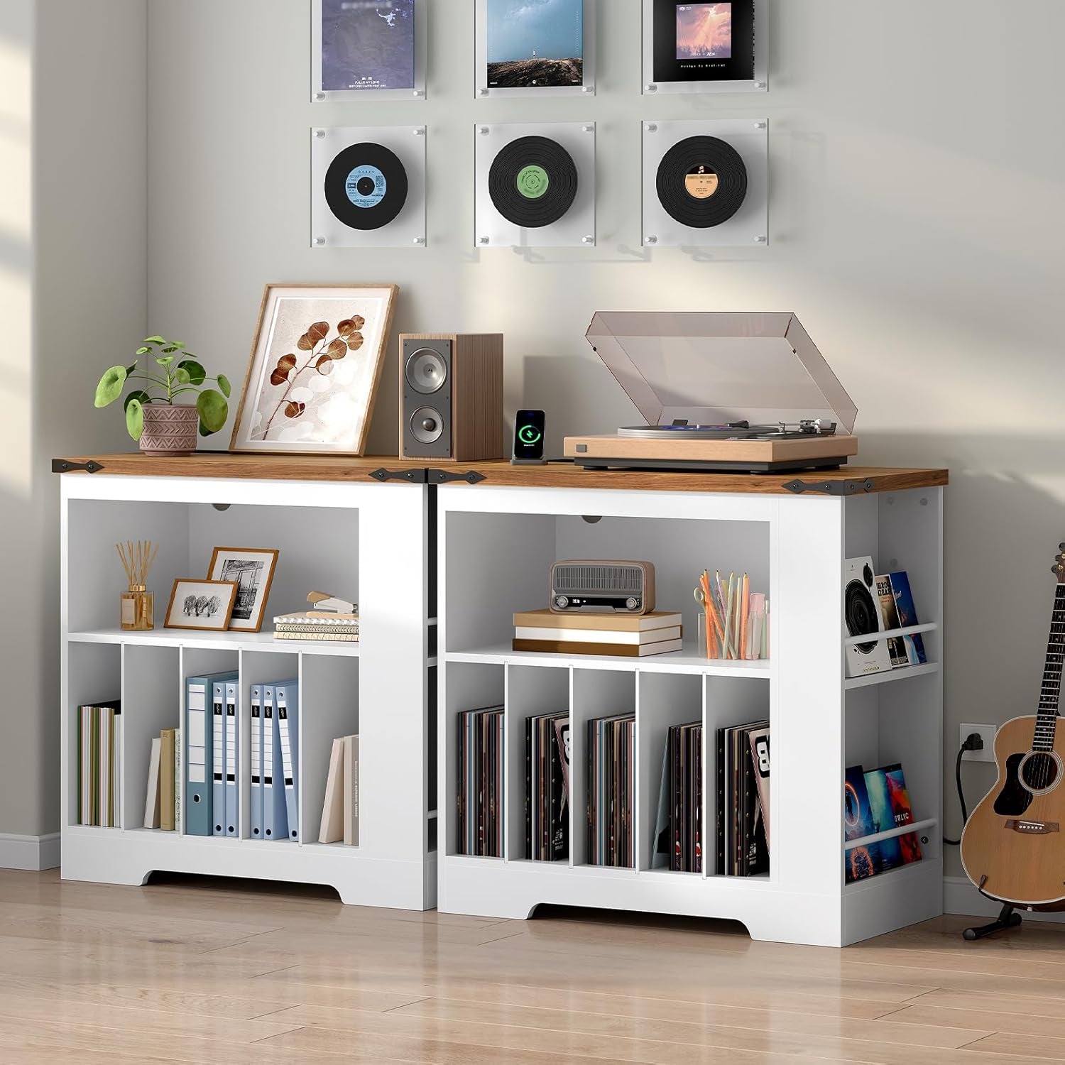 Large Record Player Stand with Charging Station & LED Lights, Vinyl Record Storage Table Holds up to 230 Albums, Turntable Stand with Display Shelf for Living Room, Walnut and White WH80UDRS01