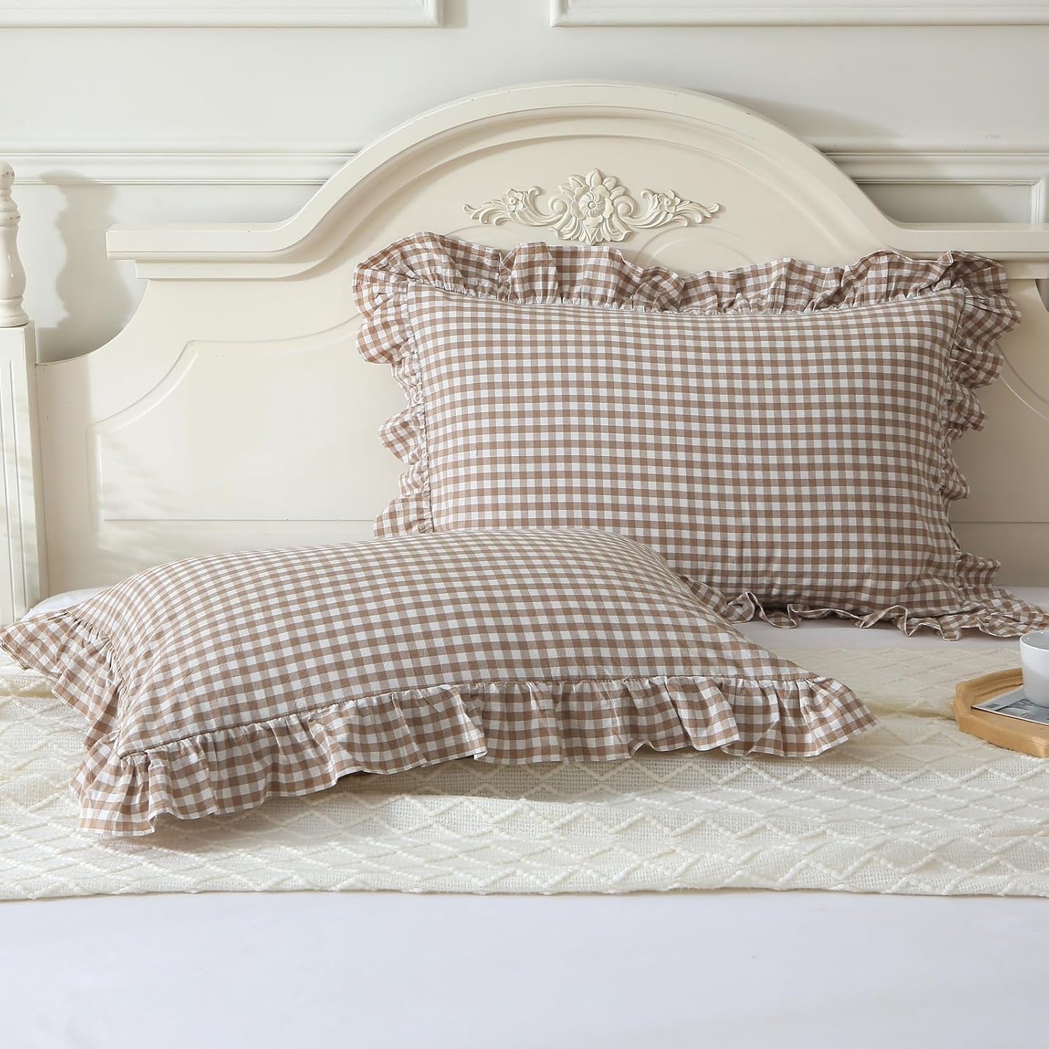 Taupe/White Plaid Ruffle Pillow Shams King Size Set of 2,Shabby Checkered Washed Cotton Farmhouse Pillow Covers 20"X36"