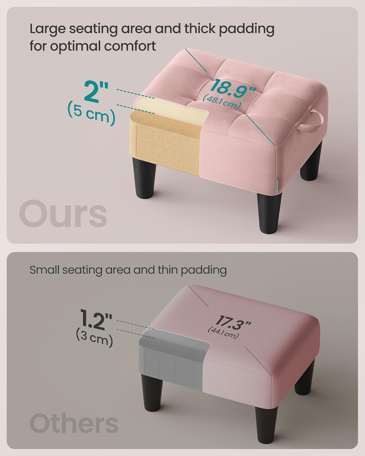 Foot Stool with Legs, Small Footstool Ottoman, Velvet Seat with Thick Cushion, for Living Room, Bedroom, Entryway, 330 Lb Weight Capacity, Jelly Pink ULOM501R01