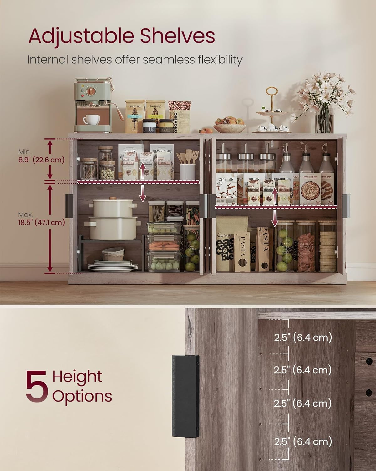 MAXE Collection - Transitional Buffet Cabinet, Console Cabinet, Sideboard with Adjustable Shelves, Fluted Doors, Buffet Table, Kitchen Pantry, Washed Gray UBBK382G01S