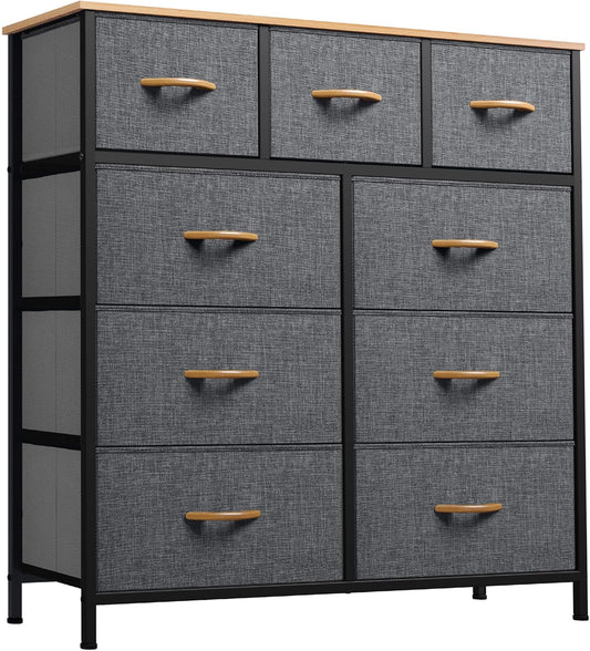 Dresser for Bedroom with 9 Drawers, Fabric Storage Dresser, Closet & Chest of Drawers for Living Room, Closets - Sturdy Steel Frame, Wooden Top & Easy Pull Fabric Bins(Dark Grey)