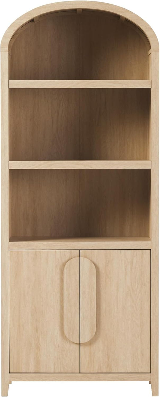 Chantelle Modern Arched Bookcase with Statement Wood Cabinet Pulls - Coastal Oak