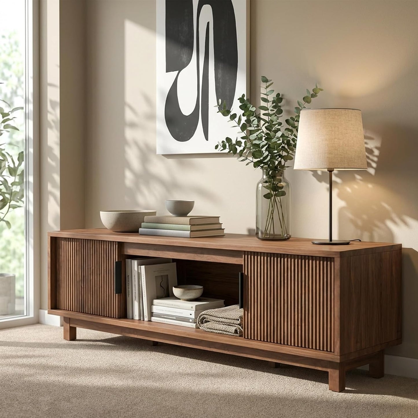 Fluted TV Stands for Living Room, 70" Mid Century Modern Entertainment Center with Storage, Brown Walnut TV Console for 65/75/80 Inch TV, Wood Television Media Cabinet for Bedroom