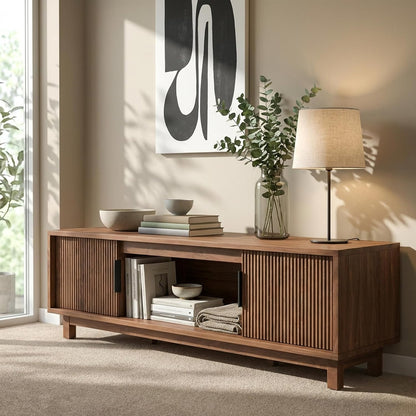 Fluted TV Stands for Living Room, 70" Mid Century Modern Entertainment Center with Storage, Brown Walnut TV Console for 65/75/80 Inch TV, Wood Television Media Cabinet for Bedroom
